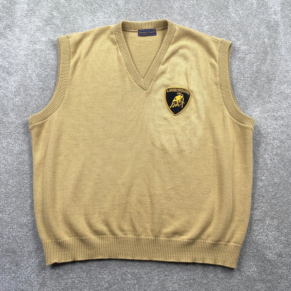 Andrew Rohan Mens Lamborghini V-Neck Sweater Vest Tan Made in USA XL